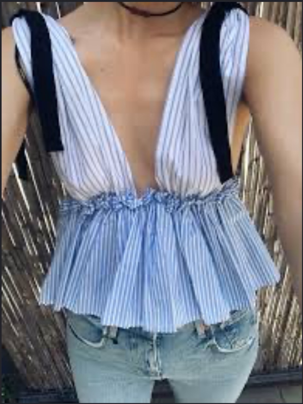 Striped Blue Tie-Shoulder Peplum Blouse